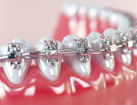 Detailed close-up of braces on a model of human teeth, highlighting orthodontic care and dental healthの素材