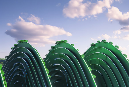 Futuristic green terraced hills with trees under bright skyの素材