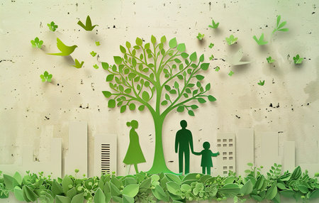 A harmonious combination of city life and nature: family, greenery and birds in the urban landscapeの素材