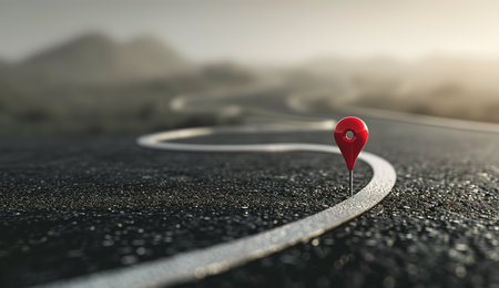 Journey navigation: conceptual image of a winding road marked with red dots symbolizing progress and directionの素材