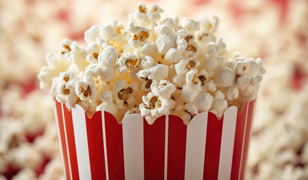 Explosion of flavor: popcorn bursting out of the classic striped containerの素材