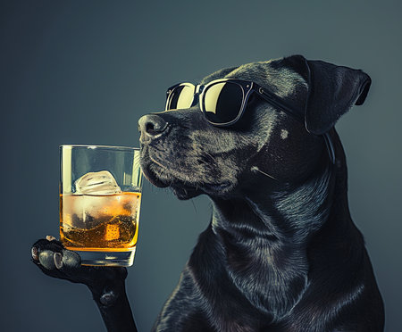 Stylish dog in sunglasses enjoying a refreshing cocktail - unique portrait of a cool dog with a tasty drinkの素材