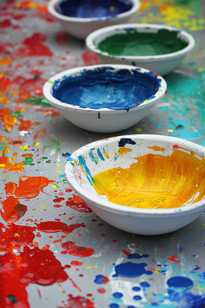 Bright paint palettes: close-up of colorful paints in bowls on a splattered surfaceの素材