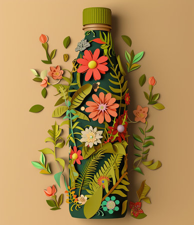 Artistic rendering of a bottle decorated with vibrant blooming flowers and lush greenery illustrating the beauty of natureの素材