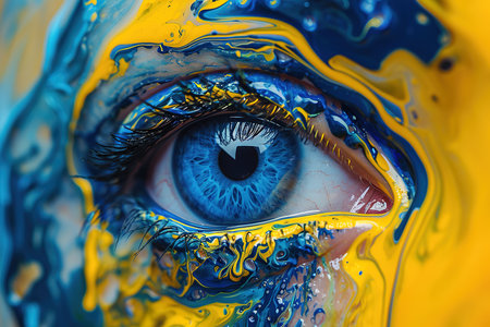 A mesmerizing look: a close-up of a human eye adorned with vibrant blue and yellow paint, capturing the essence of art and visionの素材