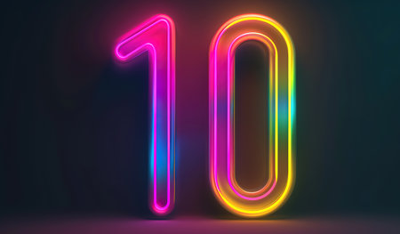 Bright neon lights forming the number 10, illuminating the dark surroundings with a colorful glowの素材