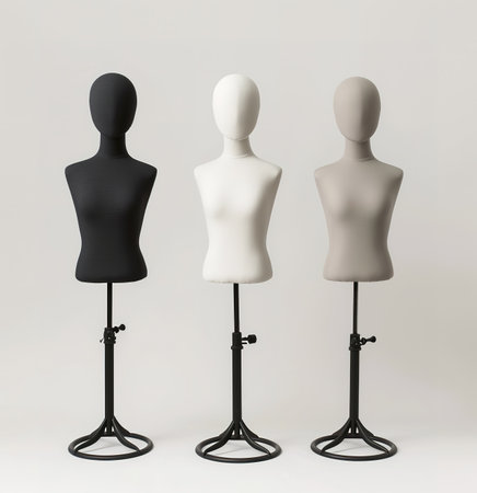 Elegant black and white mannequins standing side by side, ideal for displaying fashionable clothingの素材