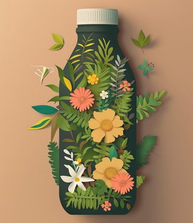 Artistic rendering of a bottle decorated with vibrant blooming flowers and lush greenery illustrating the beauty of natureの素材