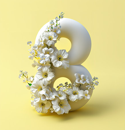 Elegant floral number 8 design with beautiful yellow and white flowers, perfect for birthday, March 8th or special occasion decoration.の素材