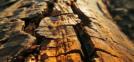 The detailed textures and patterns on the surface of aged wood, illuminated by warm sunlight, are ideal for backgrounds and natural themes.の素材