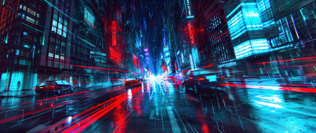Futuristic cityscape at night with neon lights and dynamic movementの素材
