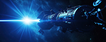 Futuristic space station orbiting the Earth with advanced technology illuminated by vibrant blue lights - a vision of space explorationの素材