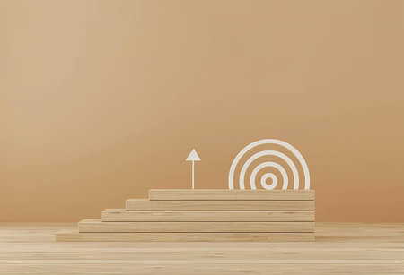 Digital illustration of ascending wooden steps leading to a goal, symbolizing achievements and goalsの素材