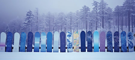Winter wonderland: a serene landscape with snow-covered trees and colorful snowboards sticking out of the fresh snowの素材