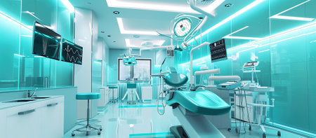 Futuristic dental clinic interior with advanced technological equipment illuminated with neon lightsの素材