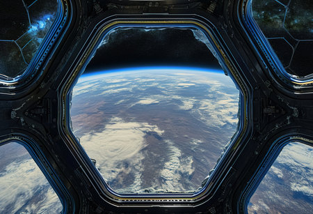 A breathtaking view of the Earth's horizon at dawn from the International Space Station, capturing the beauty of our planetの素材