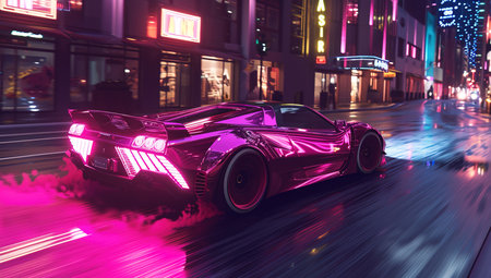Futuristic sports car on a neon highway. Powerful acceleration on a night track with colorful lights and tracks.の素材