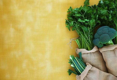Fresh green vegetables in eco-friendly bags on a bright background, ideal for a healthy lifestyle and nutritionの素材