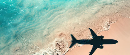 Aerial view of a calm beach with the shadow of an airplane symbolizing travel and relaxationの素材