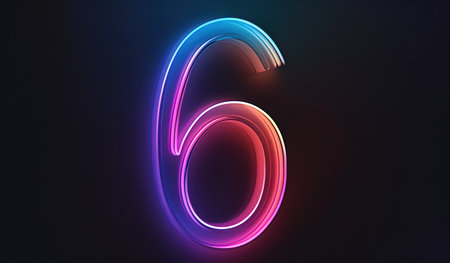 A bright neon number six illuminated against a dark background, ideal for digital art, advertising and creative projects.の素材