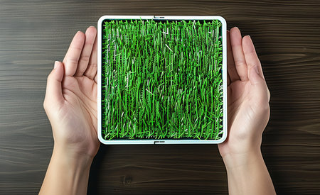 Human hands holding a panel of lush green grass symbolizing eco-friendly solutionsの素材