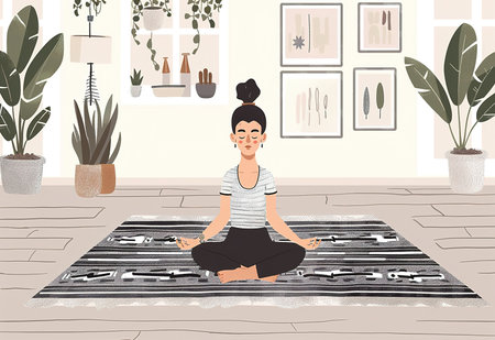 Woman meditating in sunny modern living room enjoying peace and tranquilityの素材