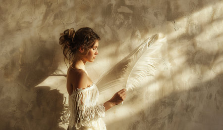 Elegant woman in a serene moment holding a delicate feather with sunlight casting beautiful shadows - a symbol of grace and calmの素材