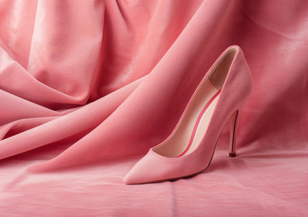 Elegant pink high heel shoes on pink background, perfect for fashionの素材