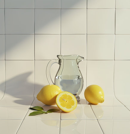 Crystal clear glass jug with fresh dew and ripe lemons on reflective surfaceの素材