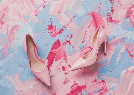 Elegant pink high heel shoes on pink background, perfect for fashionの素材