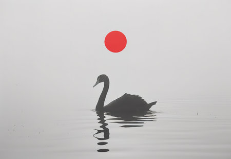 Elegant silhouette of a swan on a calm lake at dawnの素材