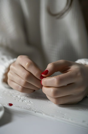 Crafting Beauty: Skilled Hands Sewing Delicate Fabric with Red Nail Polishの素材