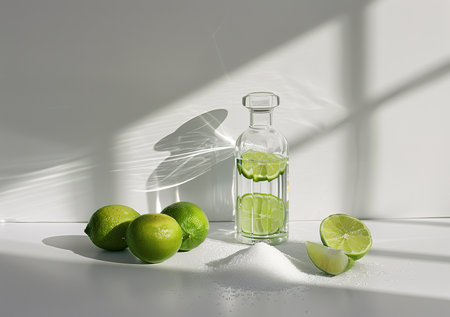 Refreshing lime infused water with fresh green limesの素材