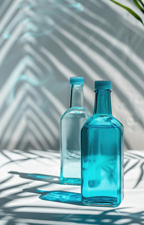 Elegant blue glass bottles illuminated by natural light, ideal for packaging drinks and cosmeticsの素材