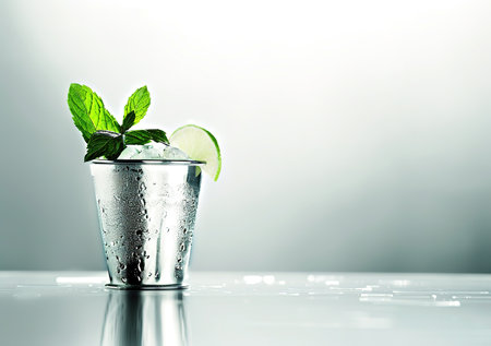 Refreshing Mojito cocktail with fresh mint and a slice of lime on a reflective surfaceの素材