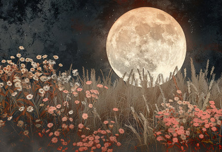 Serene sunset, moon over flowering plantsの素材