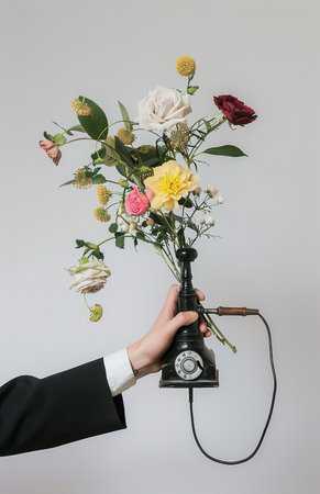 A fusion of eras: an antique rotary telephone turned into a vase with bright flowersの素材
