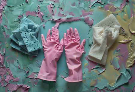Colorful cleaning task: gloves, sponges and abstract paint messの素材
