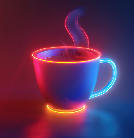 Neon backlit coffee mug with rising steam in a dark atmosphereの素材