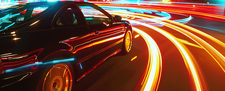 Dynamic Night Drive: A vibrant shot of a speeding car illuminated by city lights, showing movement and energyの素材