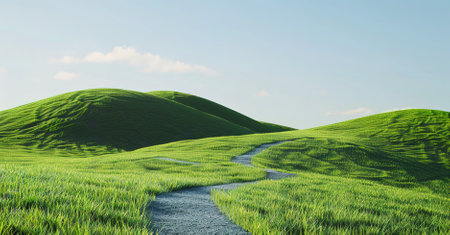 a picturesque landscape of green hills under clear blue skies and a winding path inviting exploration and adventureの素材