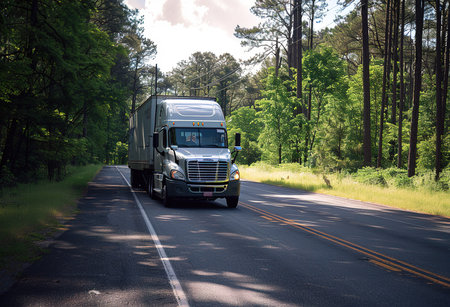 A calm scene of a white truck driving through a huge city under a beautiful skyの素材