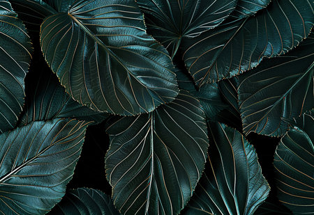 Elegant dark green leaves with golden veins - a natural backgroundの素材