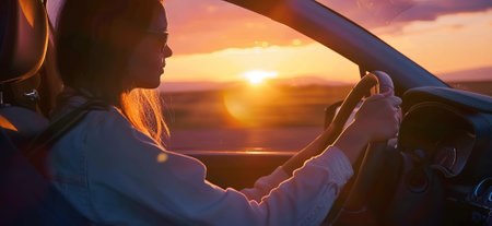 Golden hour of drive: a man behind the wheel enjoying a picturesque sunset without leaving the carの素材
