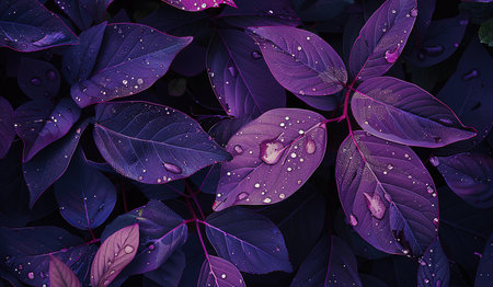 The ethereal beauty of dew-kissed purple leaves: a close-up view that captures the essence of nature's artの素材