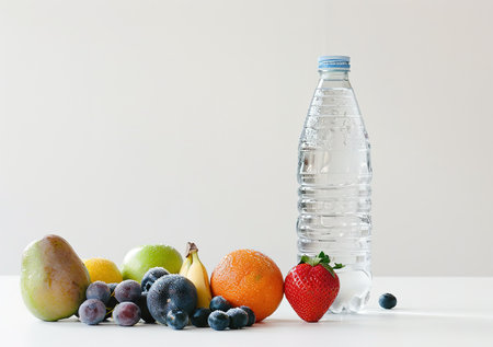 Healthy lifestyle choices: fresh fruits and water, hydration on white backgroundの素材