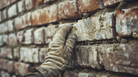 A skilled worker laying bricks is captured in vibrant red tones, highlighting the art of construction.の素材