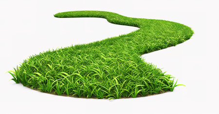 a picturesque landscape of green hills under clear blue skies and a winding path inviting exploration and adventureの素材