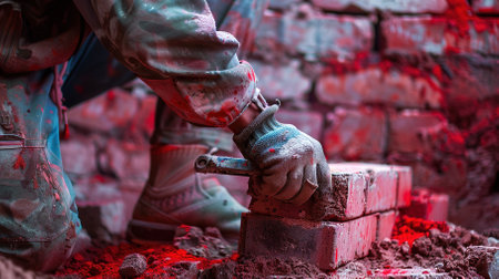 A skilled worker laying bricks is captured in vibrant red tones, highlighting the art of construction.の素材