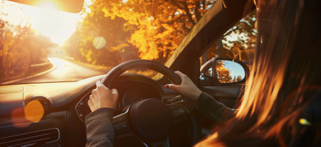 Golden hour of drive: a man behind the wheel enjoying a picturesque sunset without leaving the carの素材